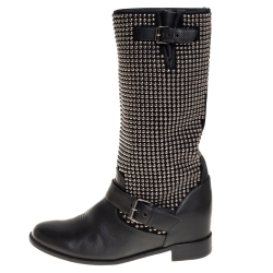 Pre Owned Christian Louboutin Black Leather And Suede Studded Akhalil Mid Calf Boots Size 39
