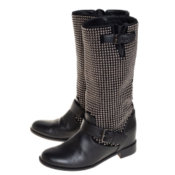 Pre Owned Christian Louboutin Black Leather And Suede Studded Akhalil Mid Calf Boots Size 39