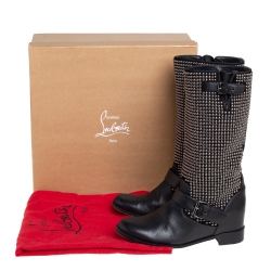 Pre Owned Christian Louboutin Black Leather And Suede Studded Akhalil Mid Calf Boots Size 39