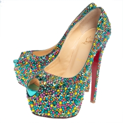Pre Owned Christian Louboutin Multicolor Strass Embellished Suede Highness Platform Pumps Size 39