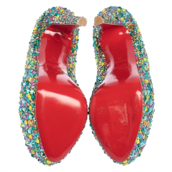 Pre Owned Christian Louboutin Multicolor Strass Embellished Suede Highness Platform Pumps Size 39