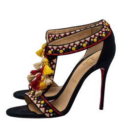 Pre Owned Christian Louboutin Dark Blue Canvas Tassels Sandals Size 39