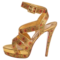 Christian Louboutin Gold Brocade Fabric Ankle Strap Platform Sandals Size 38