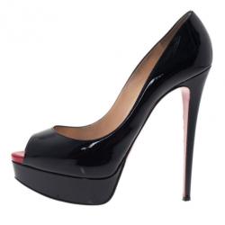 Pre Owned Christian Louboutin Black Patent Lady Peep Toe Platform Pumps Size 38.5