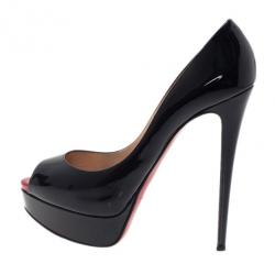 Pre Owned Christian Louboutin Black Patent Lady Peep Toe Platform Pumps Size 38.5
