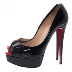 Pre Owned Christian Louboutin Black Patent Lady Peep Toe Platform Pumps Size 38.5