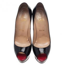 Pre Owned Christian Louboutin Black Patent Lady Peep Toe Platform Pumps Size 38.5