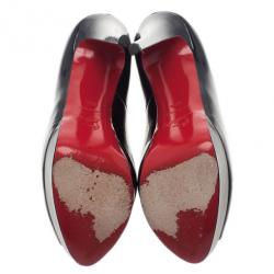 Pre Owned Christian Louboutin Black Patent Lady Peep Toe Platform Pumps Size 38.5