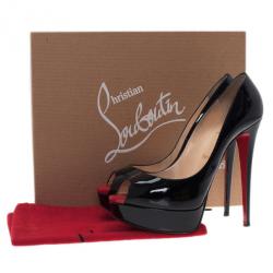Pre Owned Christian Louboutin Black Patent Lady Peep Toe Platform Pumps Size 38.5
