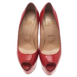 مملوكة مسبقًا Christian Louboutin Red Watersnake Highness Peep Toe Platform Pumps Size 37.5