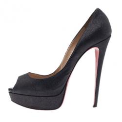 Pre Owned Christian Louboutin Black Glitter Lady Peep Platform Pumps Size 41