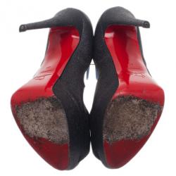 Pre Owned Christian Louboutin Black Glitter Lady Peep Platform Pumps Size 41