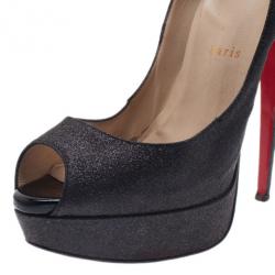 Pre Owned Christian Louboutin Black Glitter Lady Peep Platform Pumps Size 41