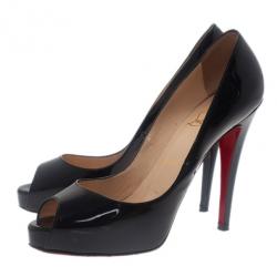 Pre Owned Christian Louboutin Black Patent Very Prive Peep Toe Pumps Size 38.5