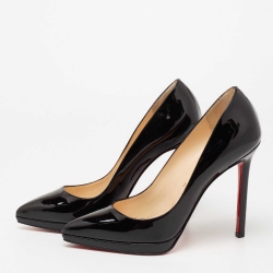 مملوكة مسبقًا حذاء كعب عالي كريستيان لوبوتان بيغال بلاتو جلد أسود لامع نعل سميك مقاس 38.5