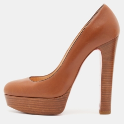 Pre Owned Christian Louboutin Brown Leather Bibi Platform Pumps Size 37.5