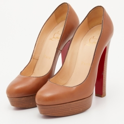Pre Owned Christian Louboutin Brown Leather Bibi Platform Pumps Size 37.5