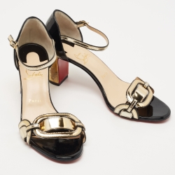 مملوكة مسبقًا Christian Louboutin Gold/Black Patent and Leather Block Heel Ankle Strap Sandals Size 40