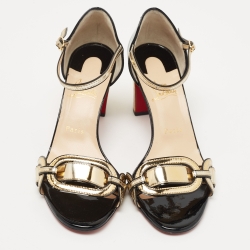 مملوكة مسبقًا Christian Louboutin Gold/Black Patent and Leather Block Heel Ankle Strap Sandals Size 40