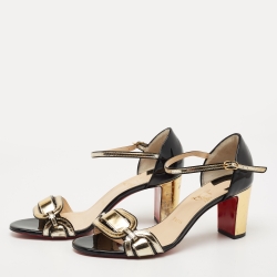 مملوكة مسبقًا Christian Louboutin Gold/Black Patent and Leather Block Heel Ankle Strap Sandals Size 40