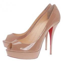 مملوكة مسبقًا Christian Louboutin Nude Patent Troca Peep Toe Platform Pumps Size 41
