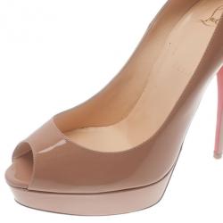 مملوكة مسبقًا Christian Louboutin Nude Patent Troca Peep Toe Platform Pumps Size 41