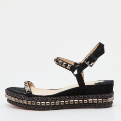 Pre Owned Christian Louboutin Black Suede Pyraclou Studded Ankle Strap Platform Sandals Size 41