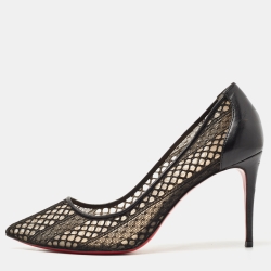 Pre Owned Christian Louboutin Black Lace and Leather Follies Pointed Toe Pumps Size 38.5