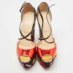 Christian Louboutin Red/Black Leather and Patent Loubi Zeppa Wedge Sandals Size 41