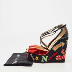 Christian Louboutin Red/Black Leather and Patent Loubi Zeppa Wedge Sandals Size 41