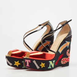 Christian Louboutin Red/Black Leather and Patent Loubi Zeppa Wedge Sandals Size 41