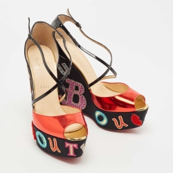 Christian Louboutin Red/Black Leather and Patent Loubi Zeppa Wedge Sandals Size 41