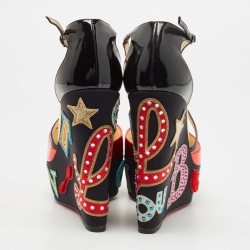 Christian Louboutin Red/Black Leather and Patent Loubi Zeppa Wedge Sandals Size 41