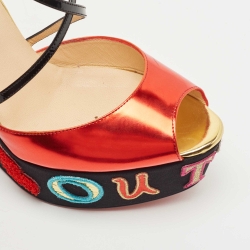 Christian Louboutin Red/Black Leather and Patent Loubi Zeppa Wedge Sandals Size 41