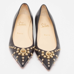 Pre Owned Christian Louboutin Black Leather Door Knock Studded Ballet Flats Size 38.5