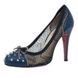 Pre Owned Christian Louboutin Blue and Black Candy Spiked Pumps Size 37