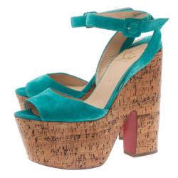 مملوكة مسبقًا صندل كريستيان لوبوتان دومبسال جلد سويدي أزرق كعب روكي وحزام للكاحل مقاس 38