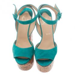 مملوكة مسبقًا صندل كريستيان لوبوتان دومبسال جلد سويدي أزرق كعب روكي وحزام للكاحل مقاس 38