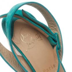 مملوكة مسبقًا صندل كريستيان لوبوتان دومبسال جلد سويدي أزرق كعب روكي وحزام للكاحل مقاس 38