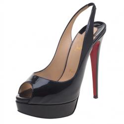 Pre Owned Christian Louboutin Black Patent Leather Lady Peep Toe Platform Slingback Sandals Size 37.5