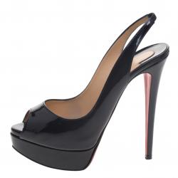 Pre Owned Christian Louboutin Black Patent Leather Lady Peep Toe Platform Slingback Sandals Size 37.5