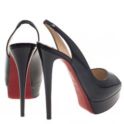 Pre Owned Christian Louboutin Black Patent Leather Lady Peep Toe Platform Slingback Sandals Size 37.5
