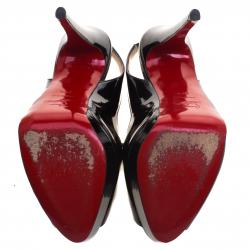 Pre Owned Christian Louboutin Black Patent Leather Lady Peep Toe Platform Slingback Sandals Size 37.5