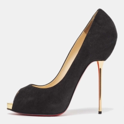 Pre Owned Christian Louboutin Black Suede Open Lips Pumps Size 38