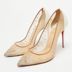 Pre Owned Christian Louboutin Beige/Iridescent Mesh and Leather Follies Strass Pumps Size 38.5