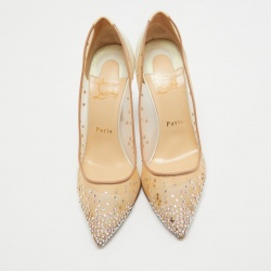 Pre Owned Christian Louboutin Beige/Iridescent Mesh and Leather Follies Strass Pumps Size 38.5