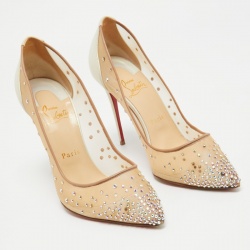 Pre Owned Christian Louboutin Beige/Iridescent Mesh and Leather Follies Strass Pumps Size 38.5