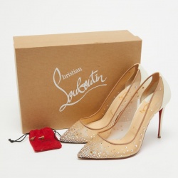Pre Owned Christian Louboutin Beige/Iridescent Mesh and Leather Follies Strass Pumps Size 38.5