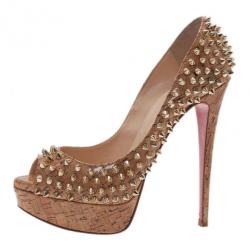Pre Owned Christian Louboutin Cork Lady Peep Toe Spike Pumps Size 38