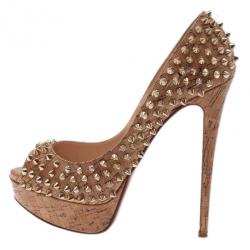 Pre Owned Christian Louboutin Cork Lady Peep Toe Spike Pumps Size 38